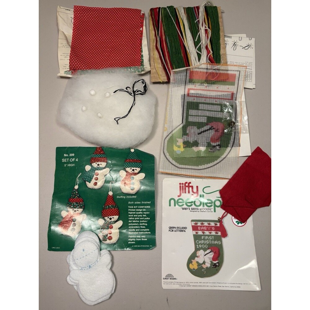 Christmas Crafting Kits Needlepoint Baby Stocking Felt Ornament Snowmen Vintage